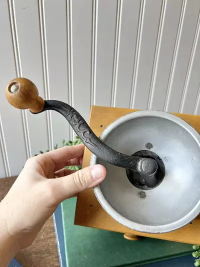 plant/Vintage “American Coffee Mill” wood and cast iron coffee grinder with drawer-3-thumbnail
