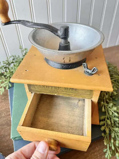 plant/Vintage “American Coffee Mill” wood and cast iron coffee grinder with drawer-2-thumbnail