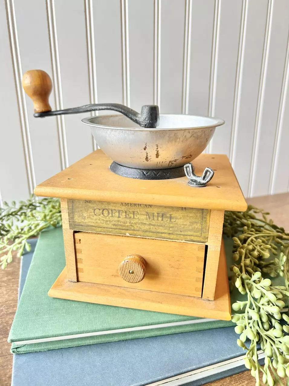 plant/Vintage “American Coffee Mill” wood and cast iron coffee grinder with drawer-0