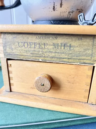 plant/Vintage “American Coffee Mill” wood and cast iron coffee grinder with drawer-1-thumbnail