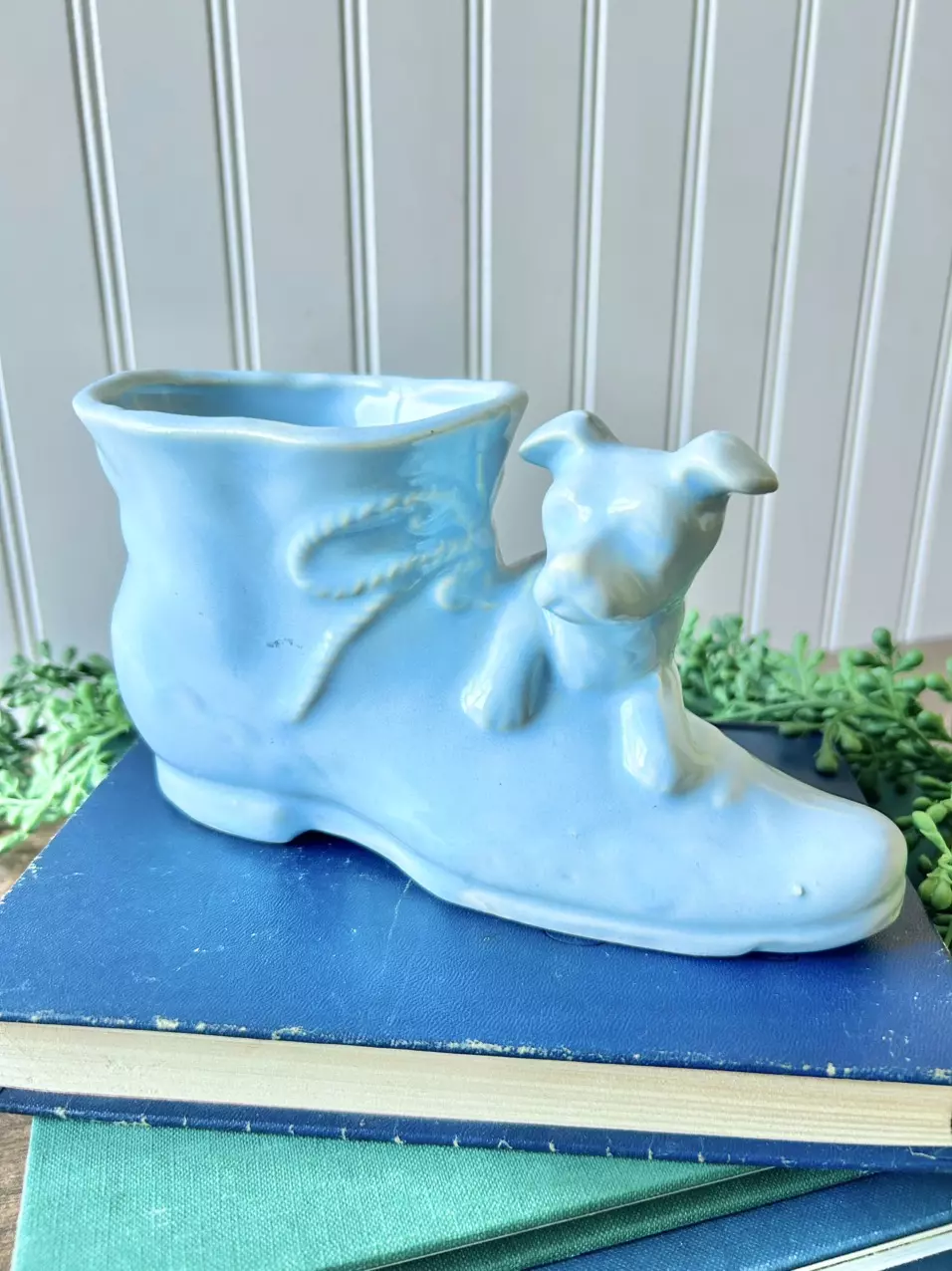 plant/Shawnee Pottery Boot and dog light blue planter-0