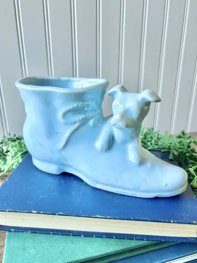 plant/Shawnee Pottery Boot and dog light blue planter-0-thumbnail