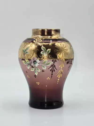 plant/Antique Enamel Painted Art Glass Vase Amethyst Gold Gilt Floral 4.5”-4-thumbnail