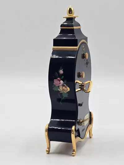 plant/Bucherer Swiss Hand Painted Mantel Clock Black Gold Floral 6” PARTS-7-thumbnail