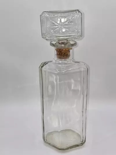 plant/Vintage Clear Glass Decanter with Stopper Faceted Star Cut 10 1/8"-1-thumbnail