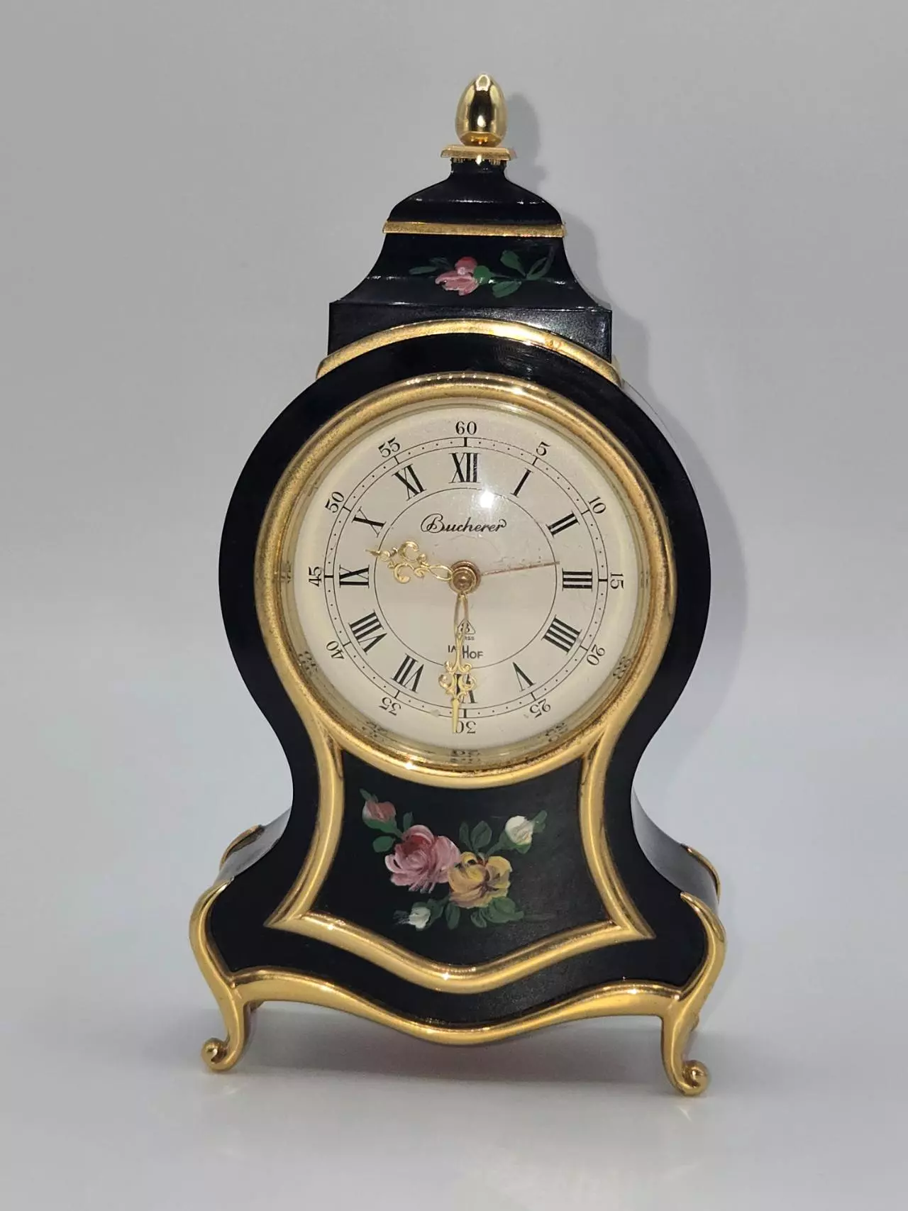 plant/Bucherer Swiss Hand Painted Mantel Clock Black Gold Floral 6” PARTS-1
