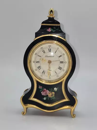 plant/Bucherer Swiss Hand Painted Mantel Clock Black Gold Floral 6” PARTS-1-thumbnail