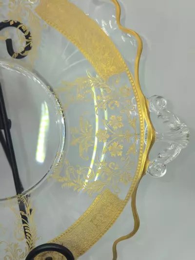 plant/Antique Gold Encrusted Glass Serving Plate with Handles Scalloped Rim 12 3/4”-8-thumbnail