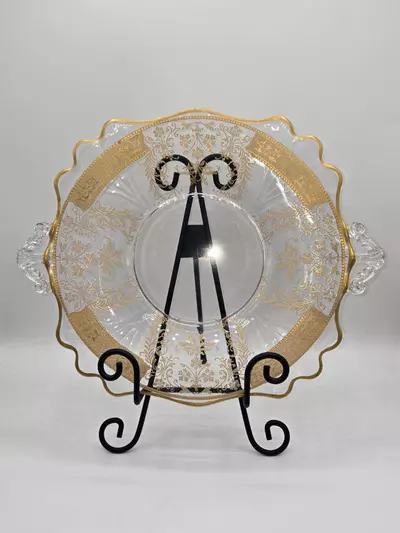 plant/Antique Gold Encrusted Glass Serving Plate with Handles Scalloped Rim 12 3/4”-0-thumbnail