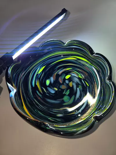 plant/Murano Art Glass Bowl Black Swirl Aventurine Confetti Scalloped Rim 6”-3-thumbnail