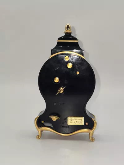 plant/Bucherer Swiss Hand Painted Mantel Clock Black Gold Floral 6” PARTS-4-thumbnail