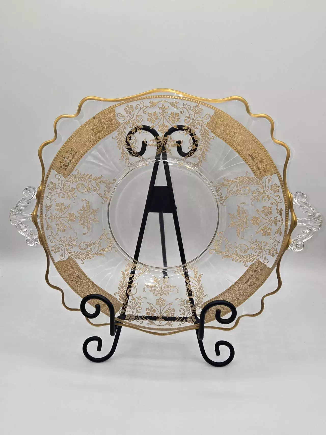 plant/Antique Gold Encrusted Glass Serving Plate with Handles Scalloped Rim 12 3/4”-1