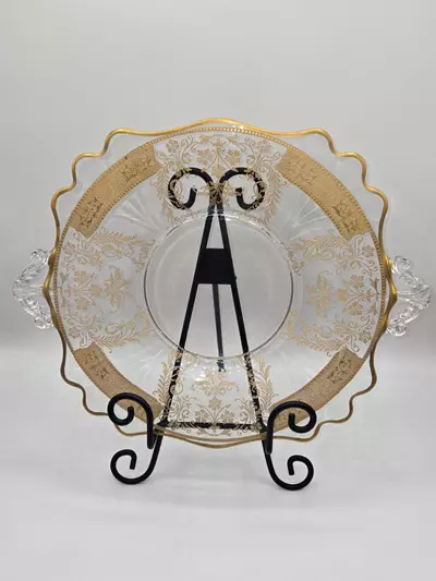 plant/Antique Gold Encrusted Glass Serving Plate with Handles Scalloped Rim 12 3/4”-1-thumbnail