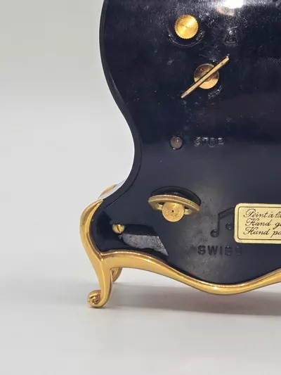 plant/Bucherer Swiss Hand Painted Mantel Clock Black Gold Floral 6” PARTS-5-thumbnail