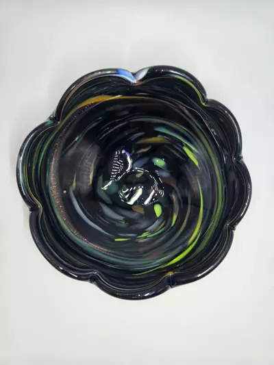 plant/Murano Art Glass Bowl Black Swirl Aventurine Confetti Scalloped Rim 6”-0-thumbnail