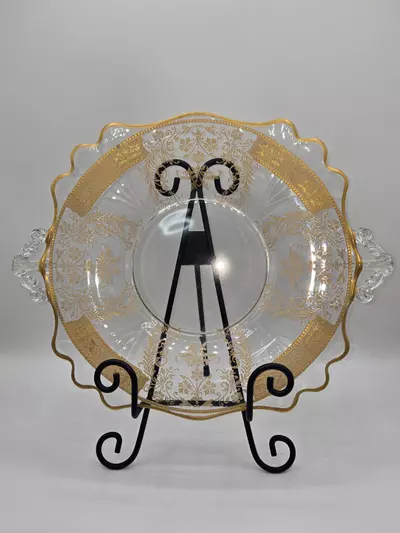 plant/Antique Gold Encrusted Glass Serving Plate with Handles Scalloped Rim 12 3/4”-2-thumbnail