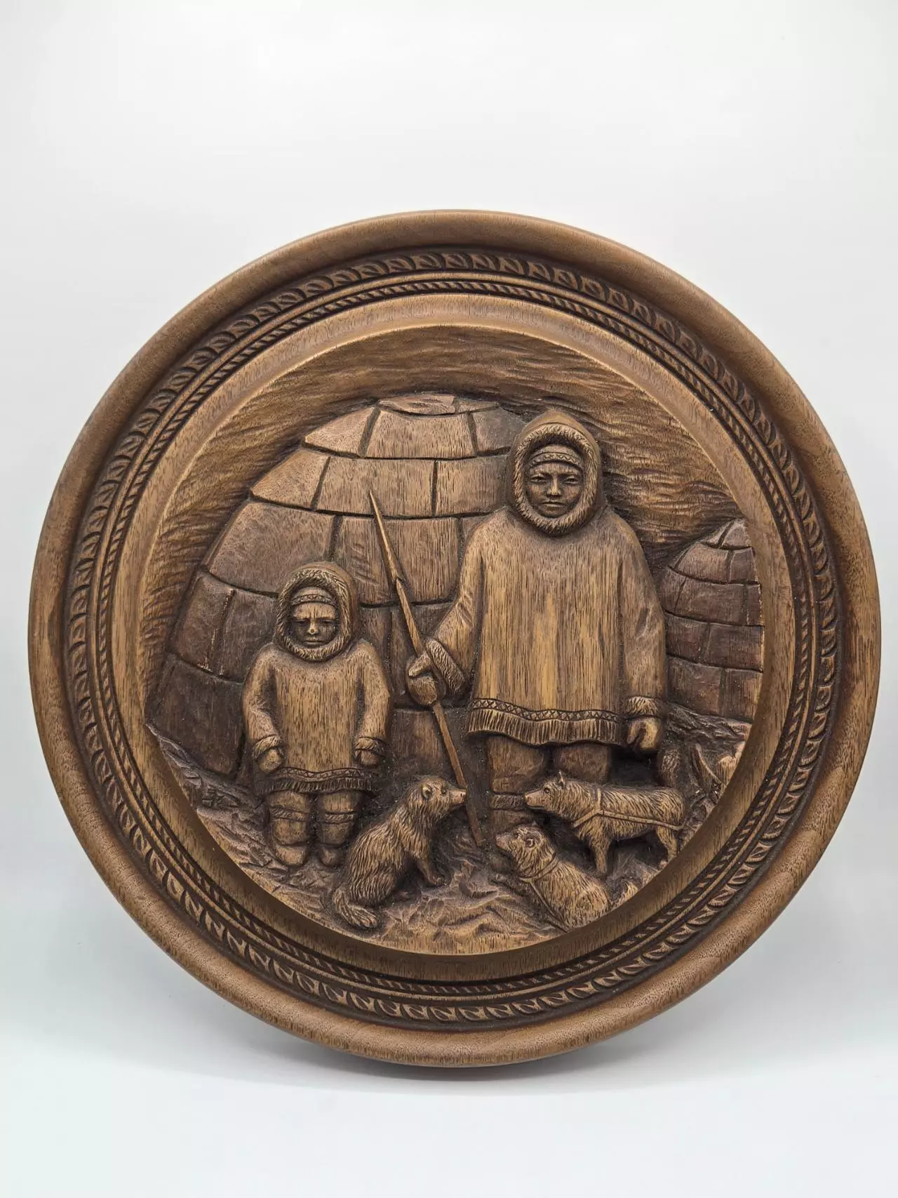plant/Vintage Karl Rothhammer Inuit Igloo Scene Carved Wood Wall Plaque 14.5” Canada-1