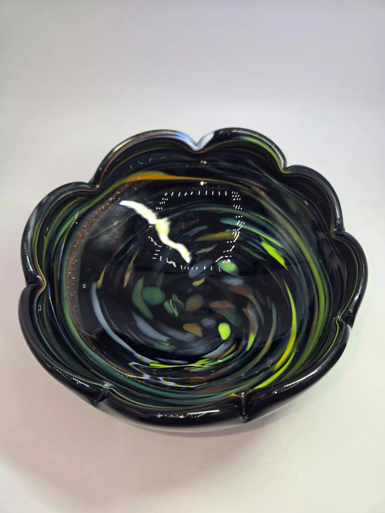plant/Murano Art Glass Bowl Black Swirl Aventurine Confetti Scalloped Rim 6”-1