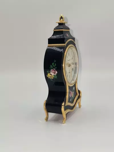 plant/Bucherer Swiss Hand Painted Mantel Clock Black Gold Floral 6” PARTS-3-thumbnail