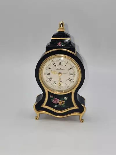 plant/Bucherer Swiss Hand Painted Mantel Clock Black Gold Floral 6” PARTS-2-thumbnail