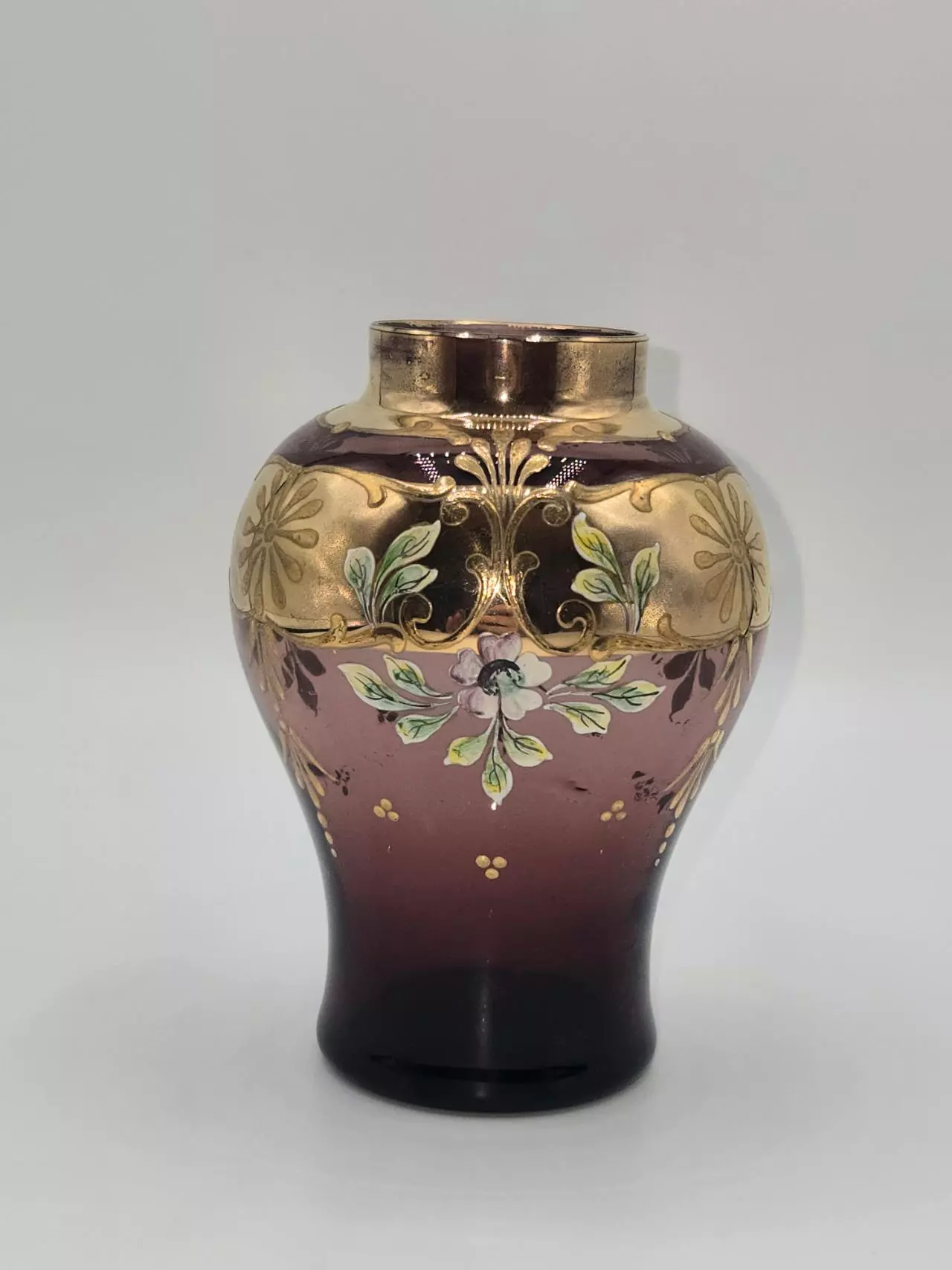 plant/Antique Enamel Painted Art Glass Vase Amethyst Gold Gilt Floral 4.5”-1