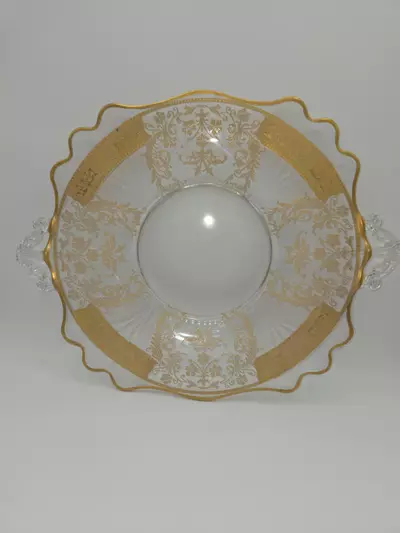 plant/Antique Gold Encrusted Glass Serving Plate with Handles Scalloped Rim 12 3/4”-7-thumbnail