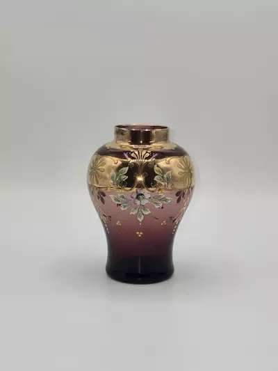 plant/Antique Enamel Painted Art Glass Vase Amethyst Gold Gilt Floral 4.5”-0-thumbnail
