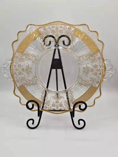 plant/Antique Gold Encrusted Glass Serving Plate with Handles Scalloped Rim 12 3/4”-3-thumbnail