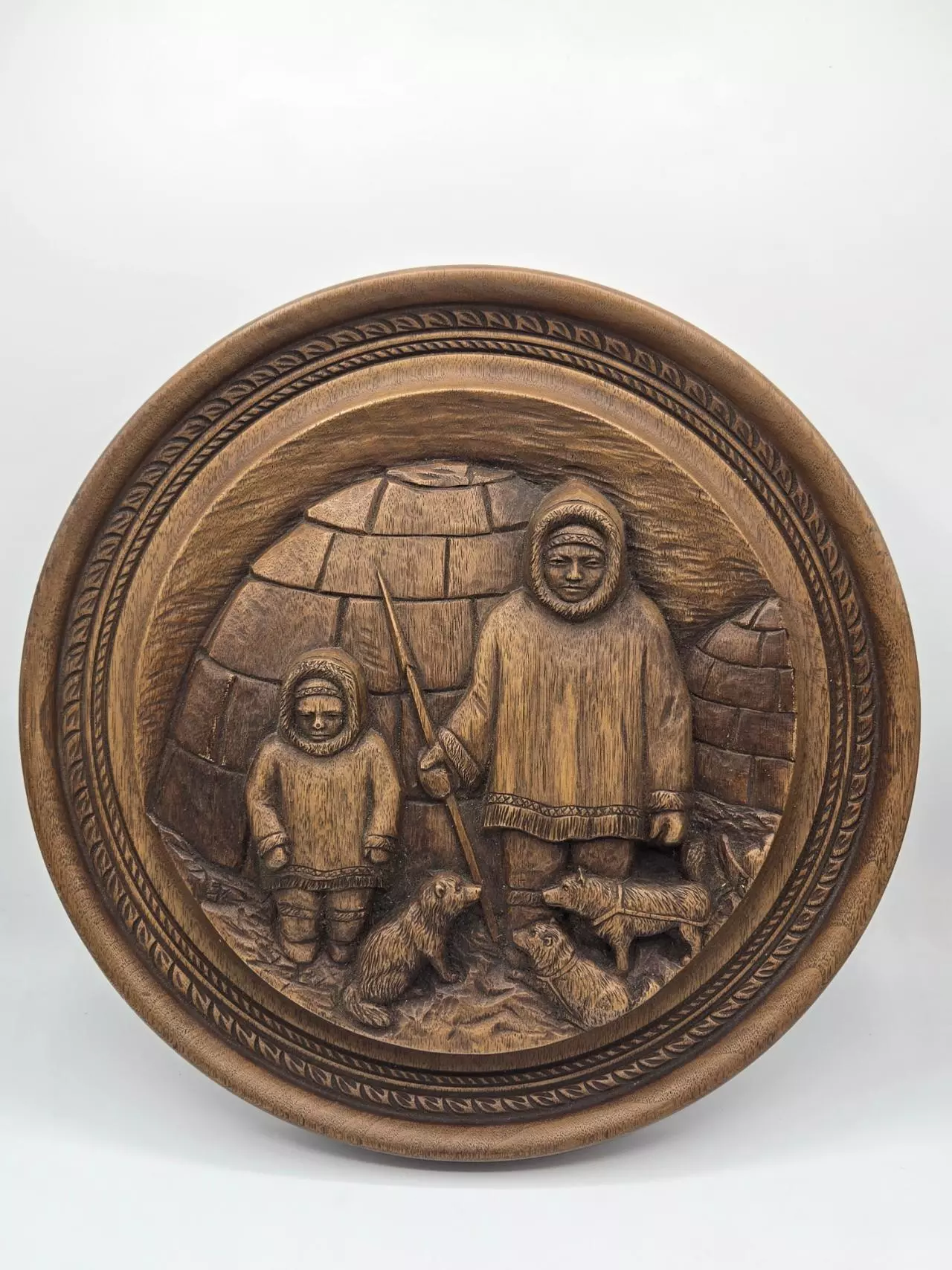 plant/Vintage Karl Rothhammer Inuit Igloo Scene Carved Wood Wall Plaque 14.5” Canada-0