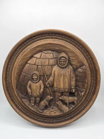 plant/Vintage Karl Rothhammer Inuit Igloo Scene Carved Wood Wall Plaque 14.5” Canada-0-thumbnail