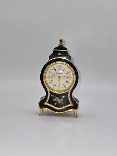 plant/Bucherer Swiss Hand Painted Mantel Clock Black Gold Floral 6” PARTS-0-thumbnail