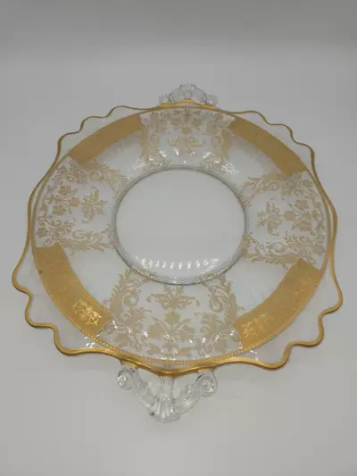 plant/Antique Gold Encrusted Glass Serving Plate with Handles Scalloped Rim 12 3/4”-6-thumbnail