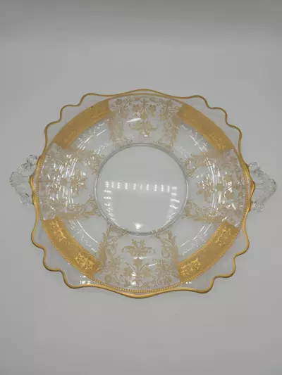 plant/Antique Gold Encrusted Glass Serving Plate with Handles Scalloped Rim 12 3/4”-4-thumbnail