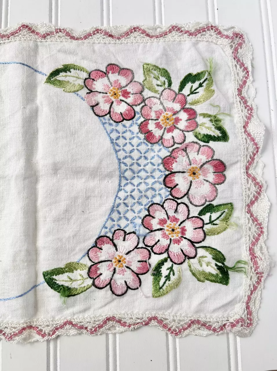plant/Hand embroidered table runner with crocheted border 11 1/2 x 33”-0