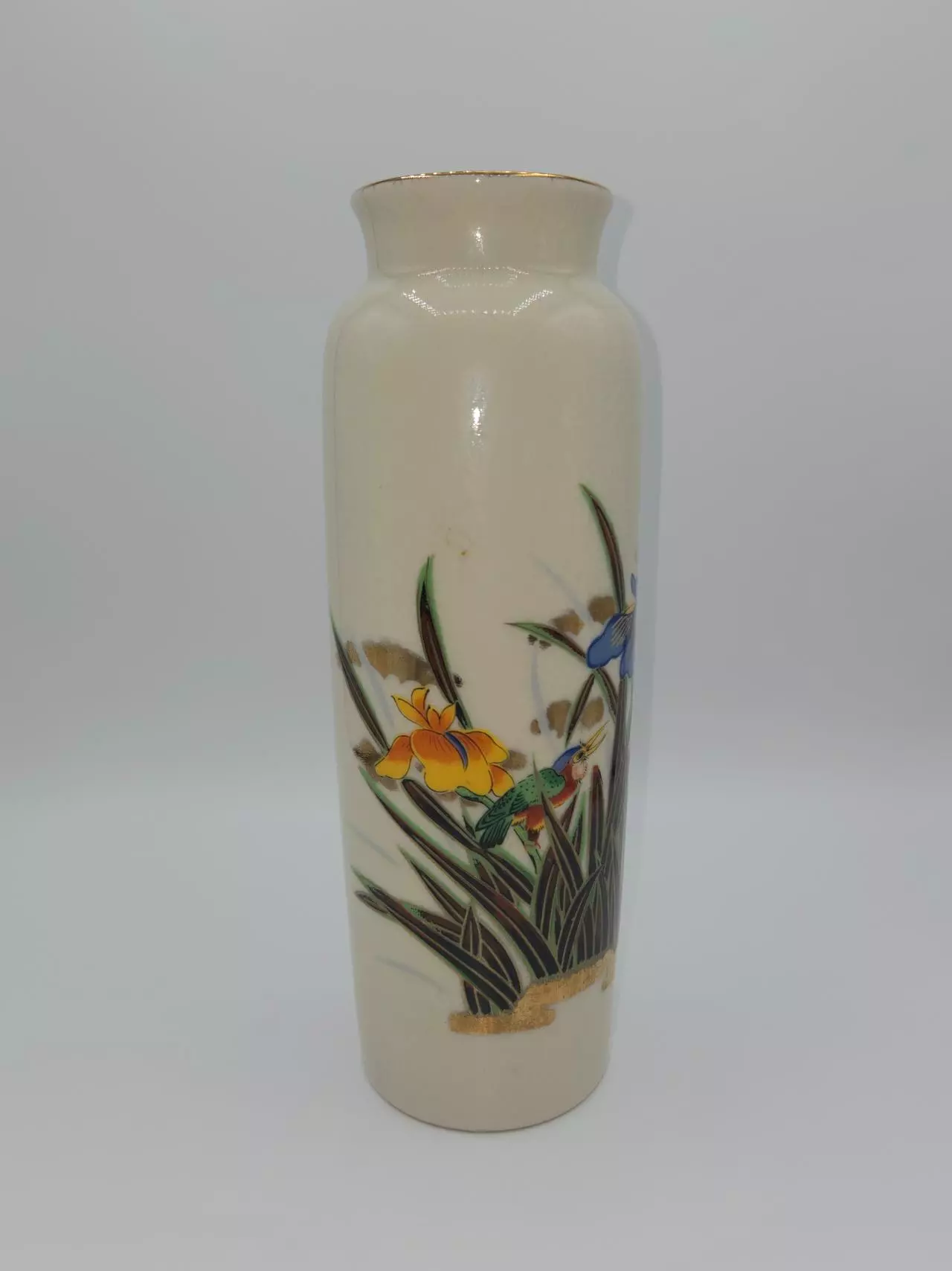 plant/Vintage Japanese Crazed Glaze Vase Hand Painted Floral Gold Rim 9 5/8 Japan-1