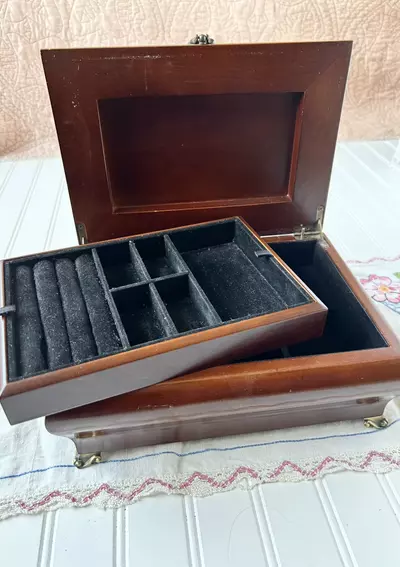 plant/The Bombay Co. Vintage Wooden Jewelry Box with removable tray 10x 4 1/4-4-thumbnail