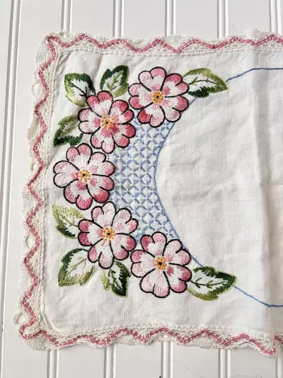 plant/Hand embroidered table runner with crocheted border 11 1/2 x 33”-1-thumbnail