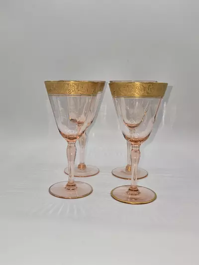 plant/Vintage Italian Pink Wine Glasses Gold Gilt Rim Set of 4 Mid Century 5.75”-0-thumbnail