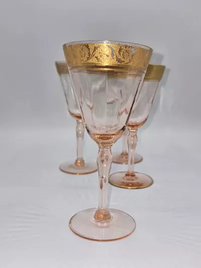 plant/Vintage Italian Pink Wine Glasses Gold Gilt Rim Set of 4 Mid Century 5.75”-3-thumbnail