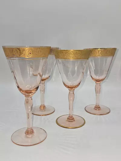 plant/Vintage Italian Pink Wine Glasses Gold Gilt Rim Set of 4 Mid Century 5.75”-2-thumbnail