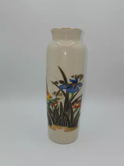 plant/Vintage Japanese Crazed Glaze Vase Hand Painted Floral Gold Rim 9 5/8" Japan-0-thumbnail