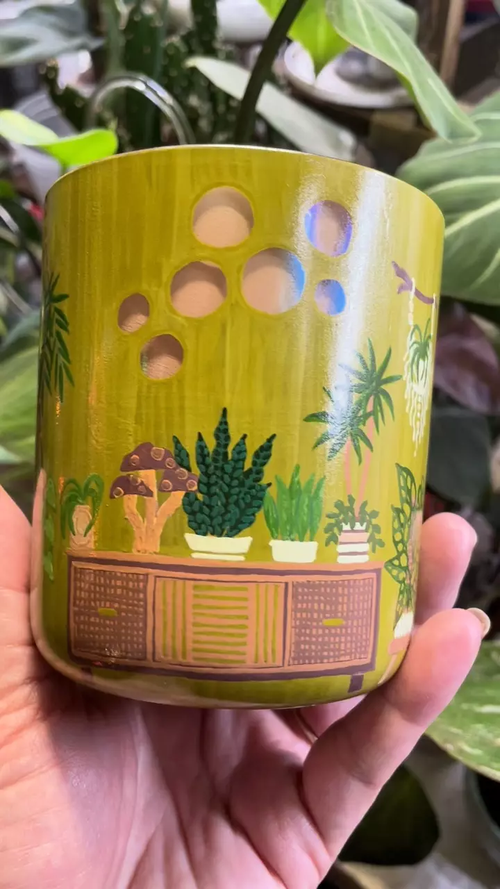 plant/Hand Painted Glass Cache pot with slight 70s 🍄‍🟫 vibe-0