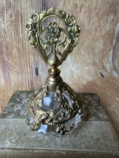 plant/Vintage Ormolu Perfume Bottle with Rose Finial – Cut Glass & Brass Vanity Bottle-4-thumbnail
