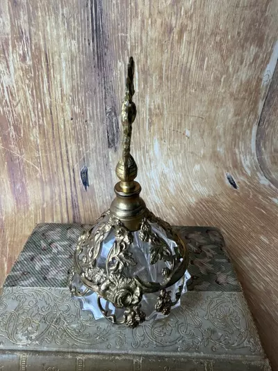 plant/Vintage Ormolu Perfume Bottle with Rose Finial – Cut Glass & Brass Vanity Bottle-5-thumbnail