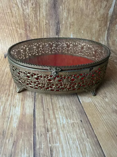 plant/Oval Ormolu Glass Jewelry Box-0-thumbnail