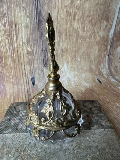 plant/Vintage Ormolu Perfume Bottle with Rose Finial – Cut Glass & Brass Vanity Bottle-3-thumbnail