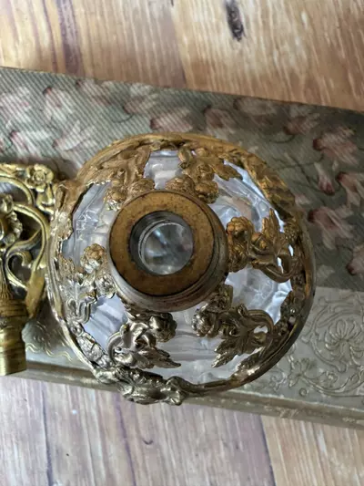 plant/Vintage Ormolu Perfume Bottle with Rose Finial – Cut Glass & Brass Vanity Bottle-7-thumbnail