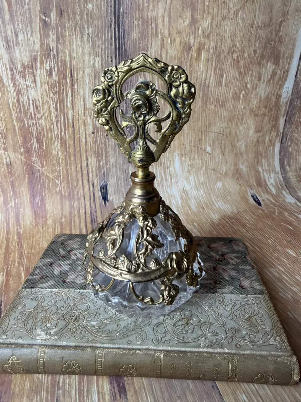 plant/Vintage Ormolu Perfume Bottle with Rose Finial – Cut Glass & Brass Vanity Bottle-0