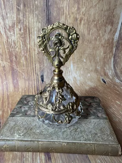 plant/Vintage Ormolu Perfume Bottle with Rose Finial – Cut Glass & Brass Vanity Bottle-0-thumbnail