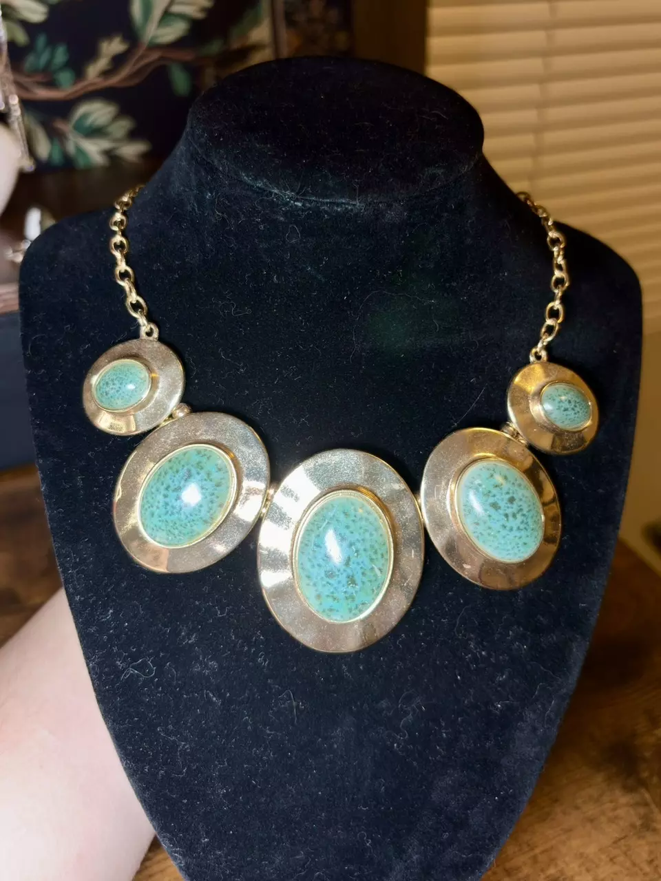 plant/Gold Tone Necklace w/ Turquoise Stones-0